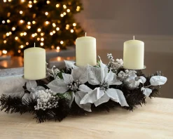 WeRChristmas 3 Pillar Decorated Candle Holder, Black/Silver