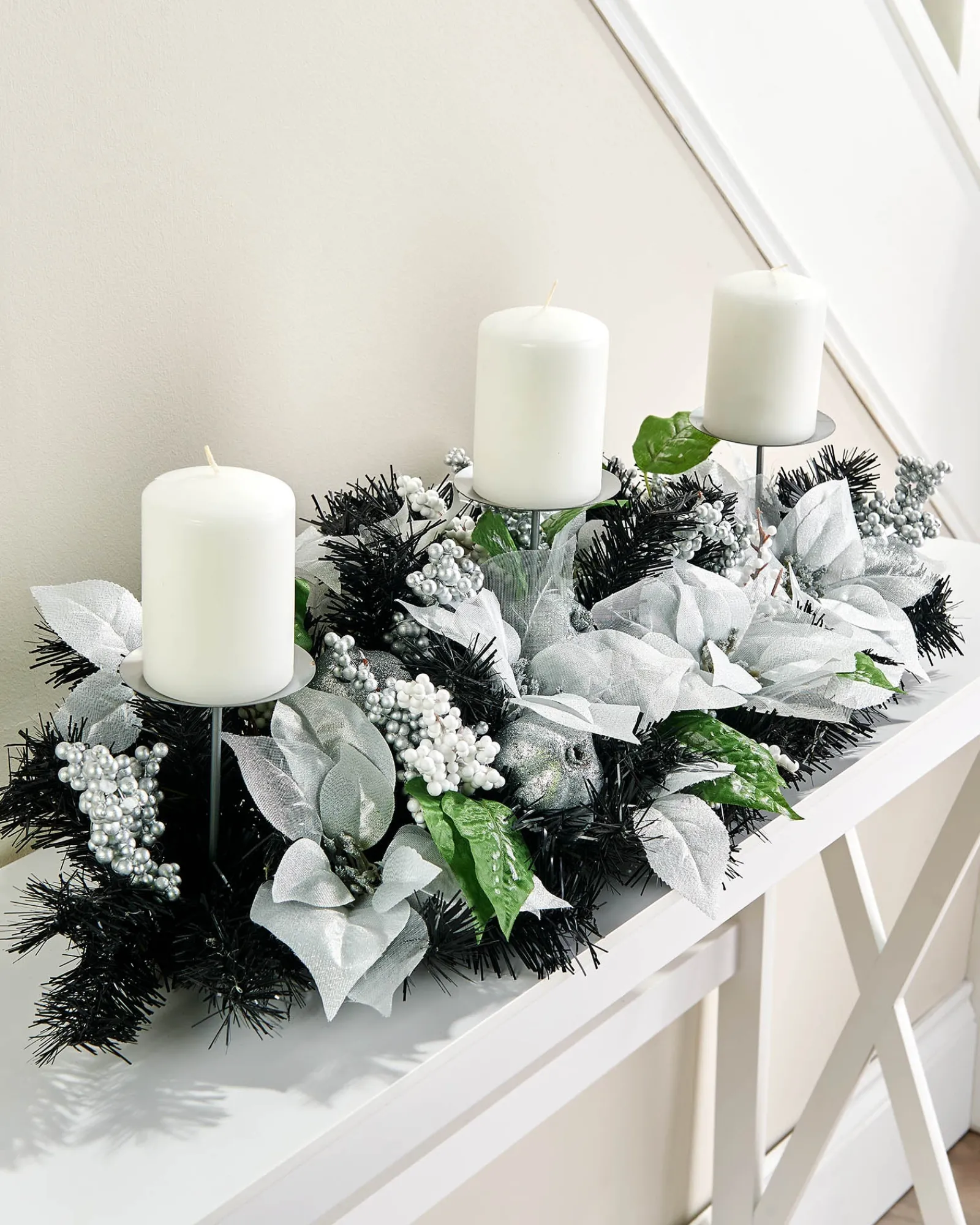 WeRChristmas 3 Pillar Decorated Garland Candle Holder, Black/Silver, 76 Cm