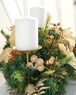 WeRChristmas 3 Pillar Decorated Garland Candle Holder, Cream/Gold, 76 Cm