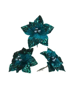 WeRChristmas Artificial Emerald Poinsettia Flower With Clip, 3 Pack, 12 Cm