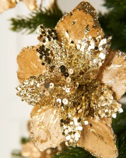 WeRChristmas Artificial Gold Poinsettia Flower With Clip, 3 Pack, 12 Cm