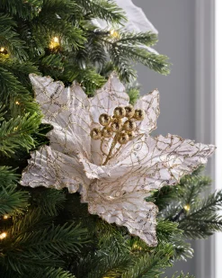 WeRChristmas Artificial Poinsettia Flower, White And Gold, 32 Cm