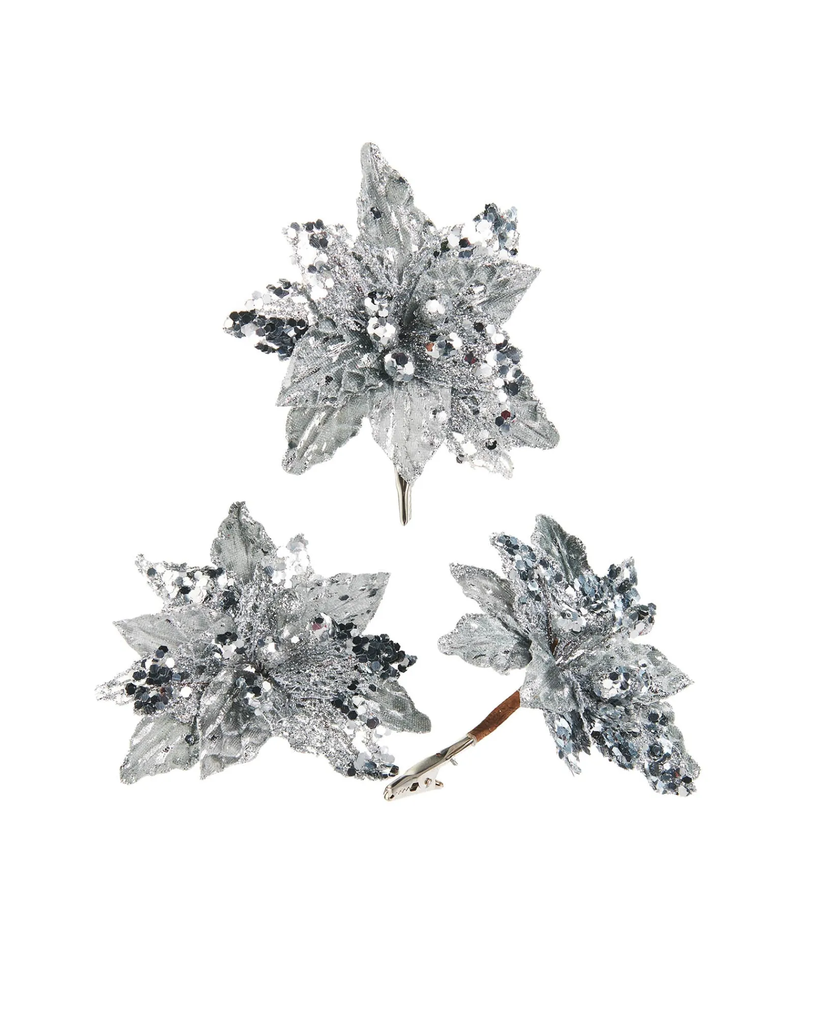WeRChristmas Artificial Silver Poinsettia Flower With Clip, 3 Pack, 12 Cm