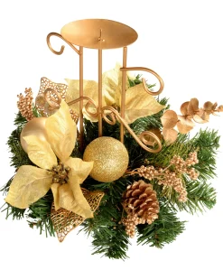 WeRChristmas Decorated Table Centre Piece Candle Holder - Cream/ Gold, Single Pillar