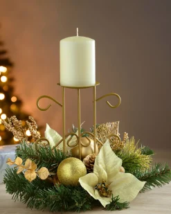 WeRChristmas Decorated Table Centre Piece Candle Holder - Cream/ Gold, Single Pillar