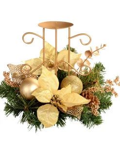 WeRChristmas Decorated Table Centre Piece Candle Holder - Cream/ Gold, Single Pillar