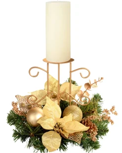 WeRChristmas Decorated Table Centre Piece Candle Holder - Cream/ Gold, Single Pillar