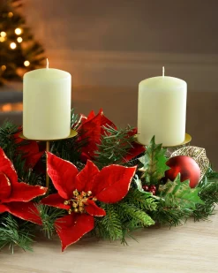 WeRChristmas Decorated Table Centre Piece Candle Holder - Red/Gold, 3 Pillar