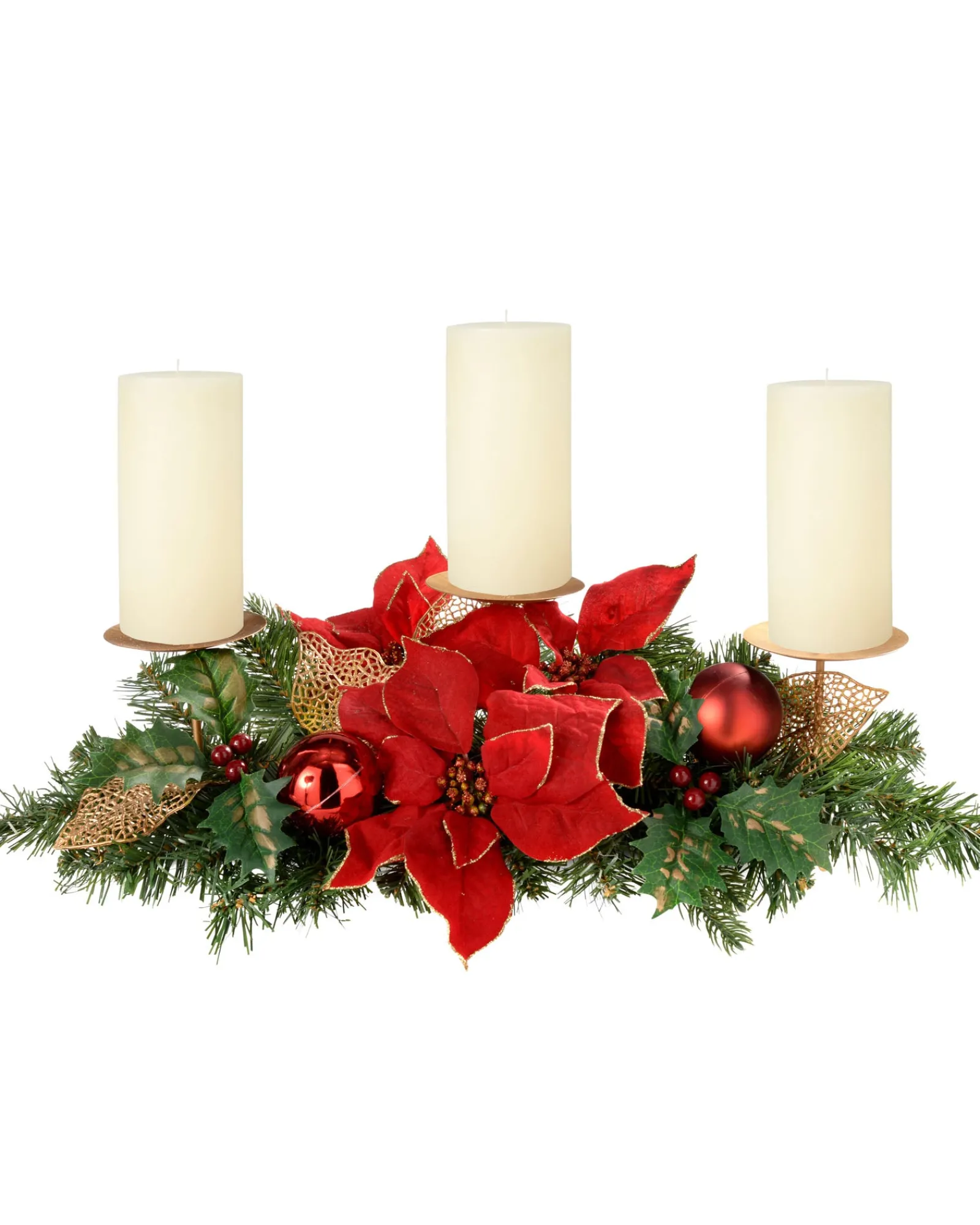 WeRChristmas Decorated Table Centre Piece Candle Holder - Red/Gold, 3 Pillar