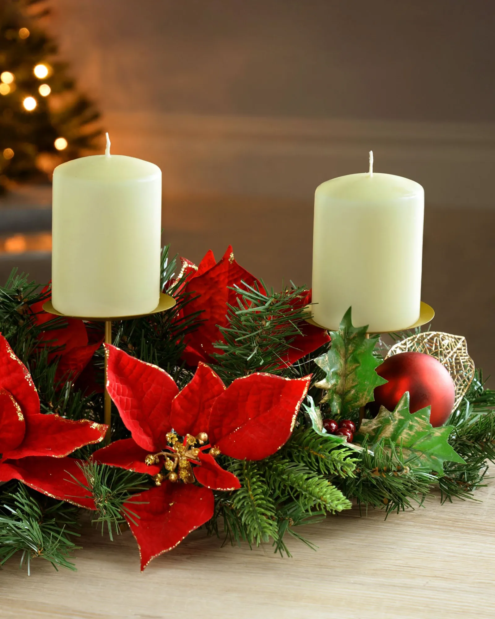 WeRChristmas Decorated Table Centre Piece Candle Holder - Red/Gold, 3 Pillar