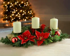 WeRChristmas Decorated Table Centre Piece Candle Holder - Red/Gold, 3 Pillar
