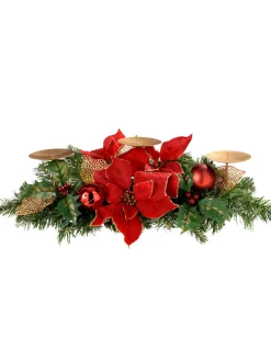 WeRChristmas Decorated Table Centre Piece Candle Holder - Red/Gold, 3 Pillar
