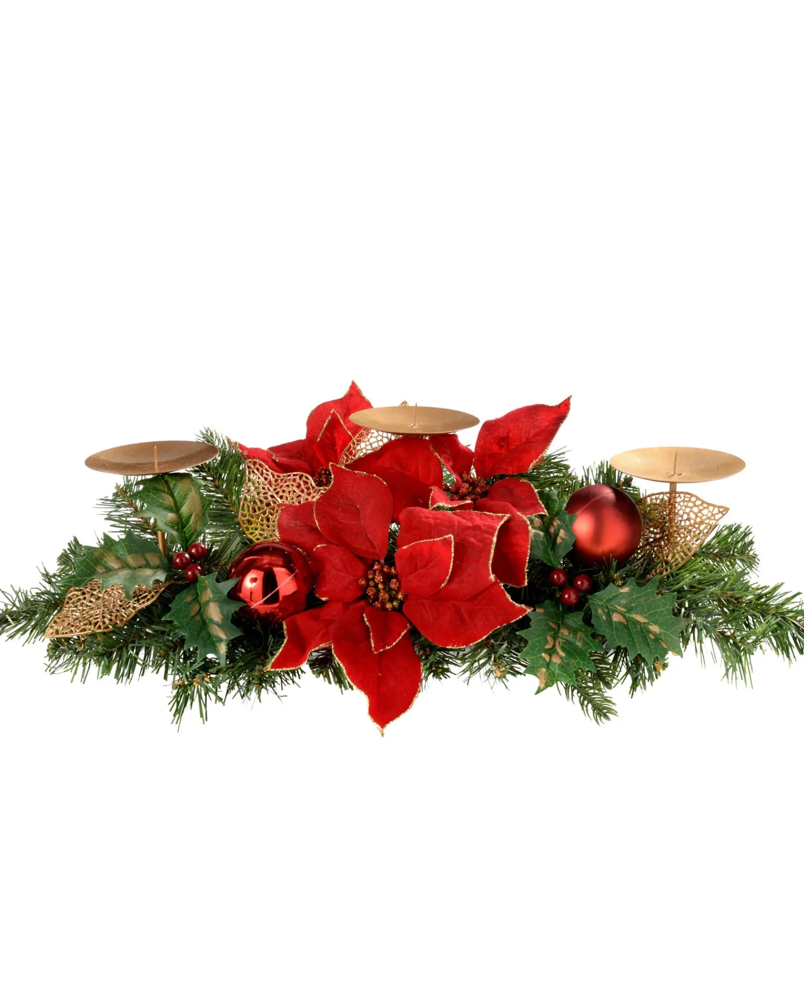 WeRChristmas Decorated Table Centre Piece Candle Holder - Red/Gold, 3 Pillar