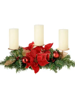 WeRChristmas Decorated Table Centre Piece Candle Holder - Red/Gold, 3 Pillar