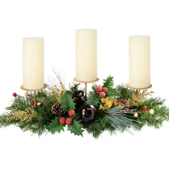 WeRChristmas Decorated Table Centre Piece Garland Candle Holder - Red/ Gold, 3 Pillar