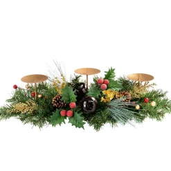 WeRChristmas Decorated Table Centre Piece Garland Candle Holder - Red/ Gold, 3 Pillar