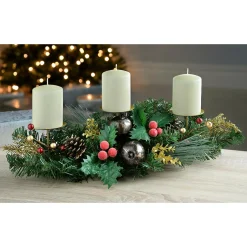 WeRChristmas Decorated Table Centre Piece Garland Candle Holder - Red/ Gold, 3 Pillar