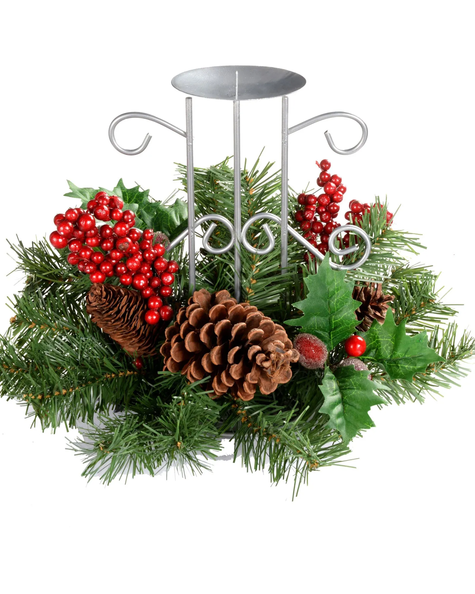 WeRChristmas Pinecone And Berry Single Pillar Candle Holder, Single Pillar