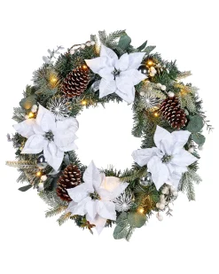 WeRChristmas Pre-Lit Decorated Frosted Wreath, White/Silver, 60 Cm