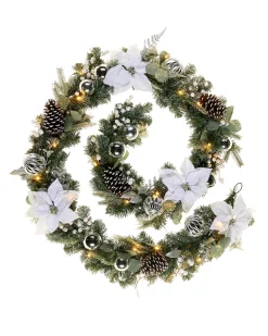 WeRChristmas Pre-Lit Decorated Frosted Garland, White/Silver, 9 Ft