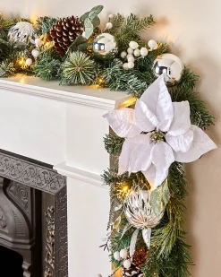 WeRChristmas Pre-Lit Decorated Frosted Garland, White/Silver, 9 Ft
