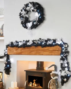 WeRChristmas Pre-Lit Decorated Garland, Black/Silver, 9 Ft