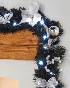 WeRChristmas Pre-Lit Decorated Garland, Black/Silver, 9 Ft