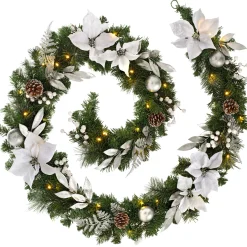 WeRChristmas Pre-Lit Decorated Garland, Silver/White, 9 Ft