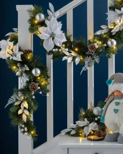 WeRChristmas Pre-Lit Decorated Garland, Silver/White, 9 Ft