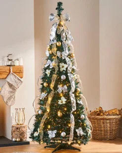 WeRChristmas Pre-Lit Decorated Holly Pop-Up Christmas Tree, Champagne & Silver, 6 Ft