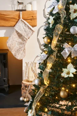 WeRChristmas Pre-Lit Decorated Holly Pop-Up Christmas Tree, Champagne & Silver, 6 Ft