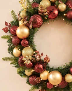 WeRChristmas Pre-Lit Decorated Wreath, Burgundy/Gold, 76 Cm