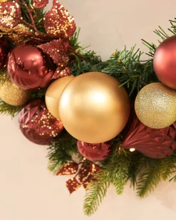 WeRChristmas Pre-Lit Decorated Wreath, Burgundy/Gold, 76 Cm
