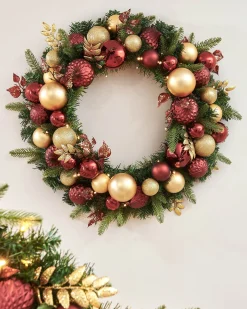 WeRChristmas Pre-Lit Decorated Wreath, Burgundy/Gold, 76 Cm