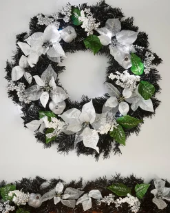 WeRChristmas Pre-Lit Decorated Wreath, Black/Silver, 60 Cm