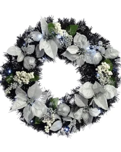 WeRChristmas Pre-Lit Decorated Wreath, Black/Silver, 60 Cm