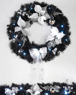 WeRChristmas Pre-Lit Decorated Wreath, Black/Silver, 60 Cm