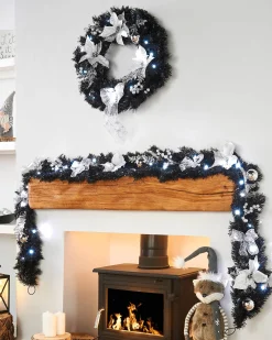 WeRChristmas Pre-Lit Decorated Wreath, Black/Silver, 60 Cm