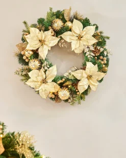 WeRChristmas Pre-Lit Decorated Wreath, Cream/Gold, 60 Cm