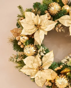 WeRChristmas Pre-Lit Decorated Wreath, Cream/Gold, 60 Cm