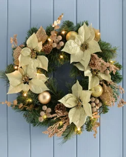 WeRChristmas Pre-Lit Decorated Wreath, Cream/Gold, 60 Cm