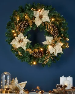 WeRChristmas Pre-Lit Decorated Wreath, Gold/Cream, 60 Cm