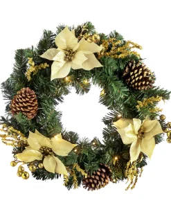 WeRChristmas Pre-Lit Decorated Wreath, Gold/Cream, 60 Cm