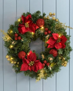 WeRChristmas Pre-Lit Decorated Wreath, Red/Gold, 60 Cm