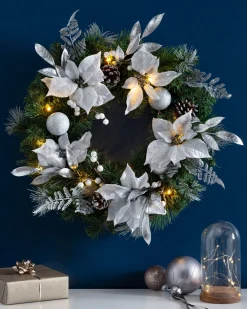 WeRChristmas Pre-Lit Decorated Wreath, Silver/White, 60 Cm