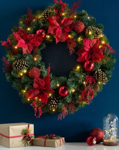 WeRChristmas Pre-Lit Extra Thick Decorated Wreath, Red/Gold, 76 Cm