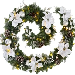 WeRChristmas Pre-Lit Extra Thick Decorated Garland, Silver/White, 9 Ft