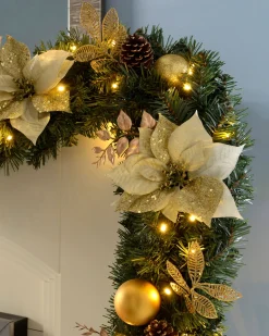 WeRChristmas Pre-Lit Extra Thick Garland, Static, Cream/Gold, 9 Ft