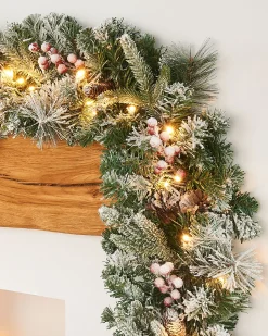WeRChristmas Pre-Lit Extra Thick Mixed Pine Snow Flocked Garland, Pinecones & Berries, Static, 9 Ft
