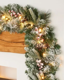 WeRChristmas Pre-Lit Extra Thick Mixed Pine Snow Flocked Garland, Pinecones & Berries, 9 Ft